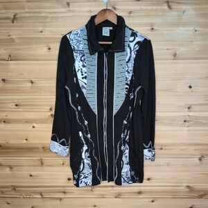 Parsley & Sage Womens Black White Abstract Mixed Media Zip Up Cotton Jacket L